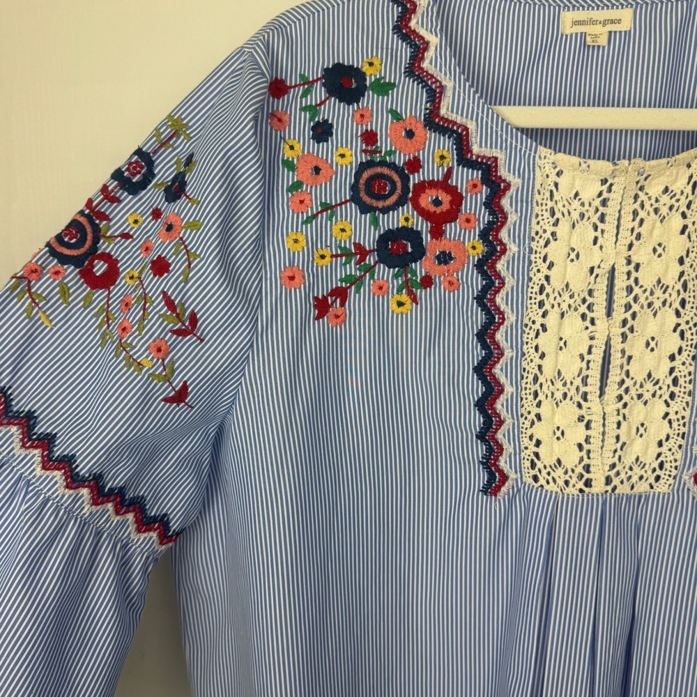 Jennifer Grace Women Striped Embroidered Long Bell Sleeve Blouse Top Size XL - Picture 7 of 15